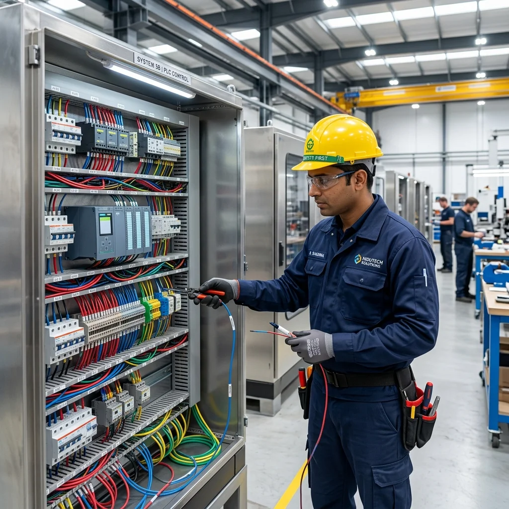 Indian engineer assembling an electrical control panel at Akshayam Controls & Automation, a leading Electrical Panel Manufacturer in Coimbatore.